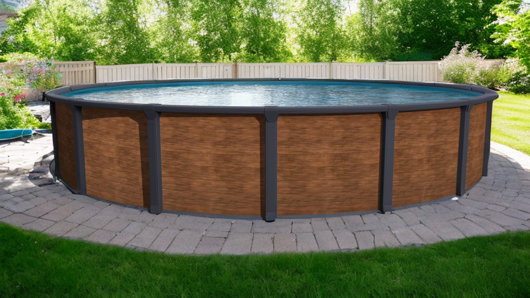 Round above ground pool with wood-look walls on a stone paver patio in a fenced backyard