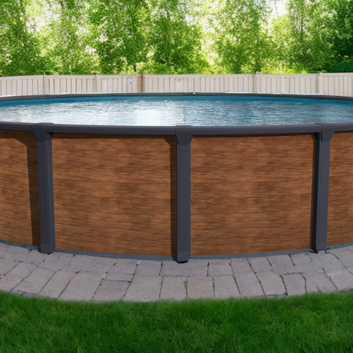 Round above ground pool with wood-look walls on a stone paver patio in a fenced backyard