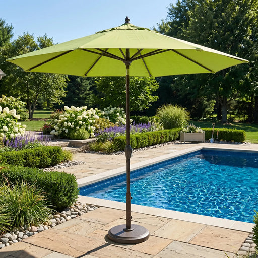 kiwi green patio umbrella 9FT with Smooth Crank Lift The aluminum center pole and ribs provide a lightweight yet durable structure that supports the fabric canopy 4 year warranty 6 foot