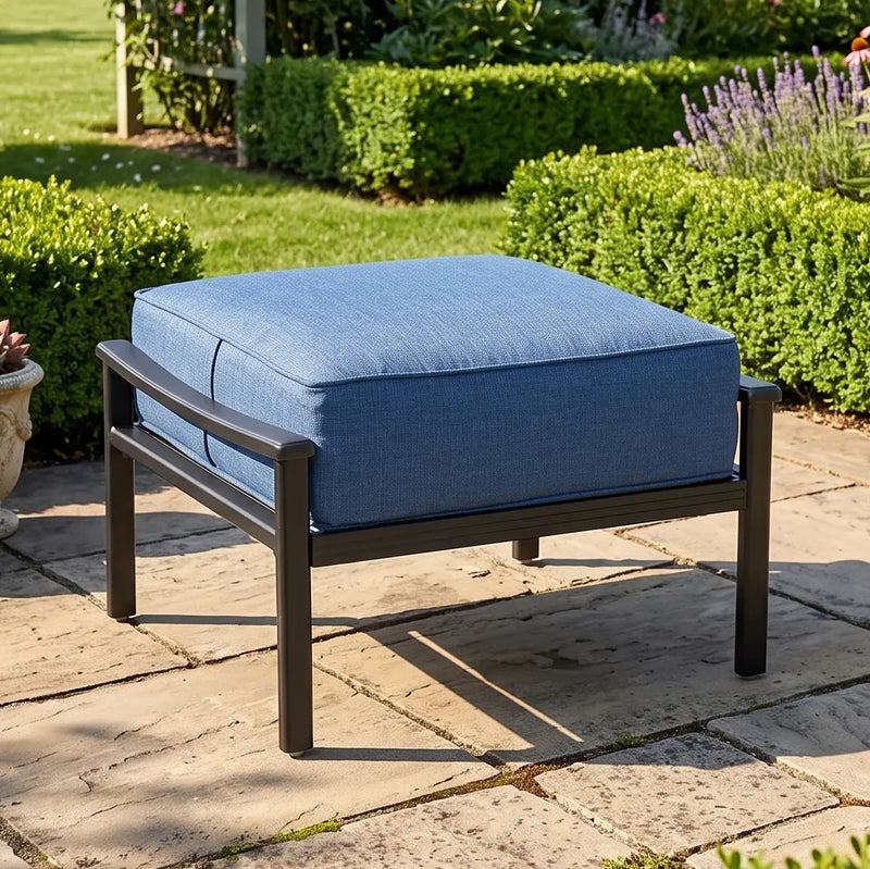 Stratford Black Cushioned Ottoman - Spectrum Indigo "RAIN" - The Great Escape
