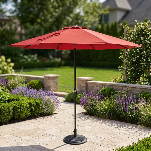 9 red patio umbrella 9' Designer The polyester fabric effectively blocks UV rays Best Selection Tilt Patio Umbrellas
