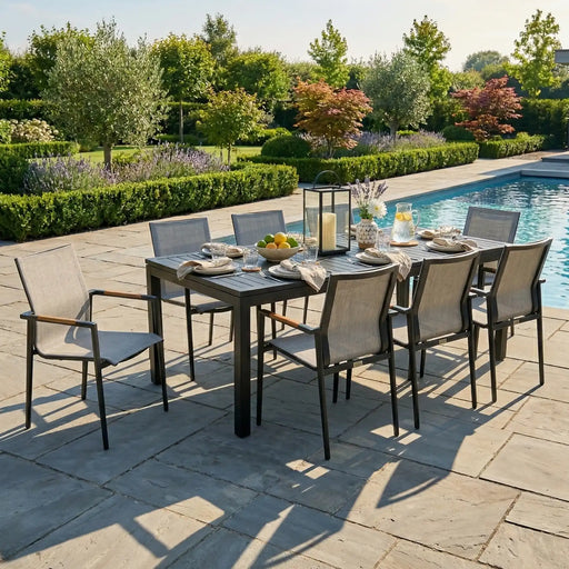 Capri 9 Piece Grey Sling Dining Group W/ Extension Table - The Great Escape