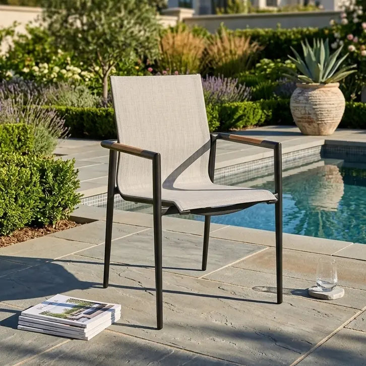 Capri Grey Sling Stacking Tea Accent Arm Chair - The Great Escape