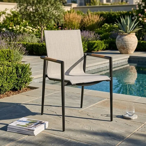 Capri Grey Sling Stacking Tea Accent Arm Chair - The Great Escape