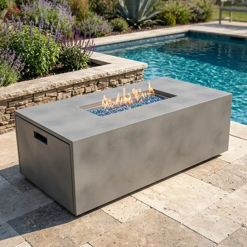 30" x 60" Inch Rectangle Concrete Faux Aluminum Firepit With Lid - The Great Escape