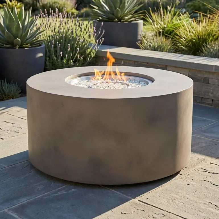 42" Round Faux Concrete Aluminum Fire Table W/ Lid - The Great Escape