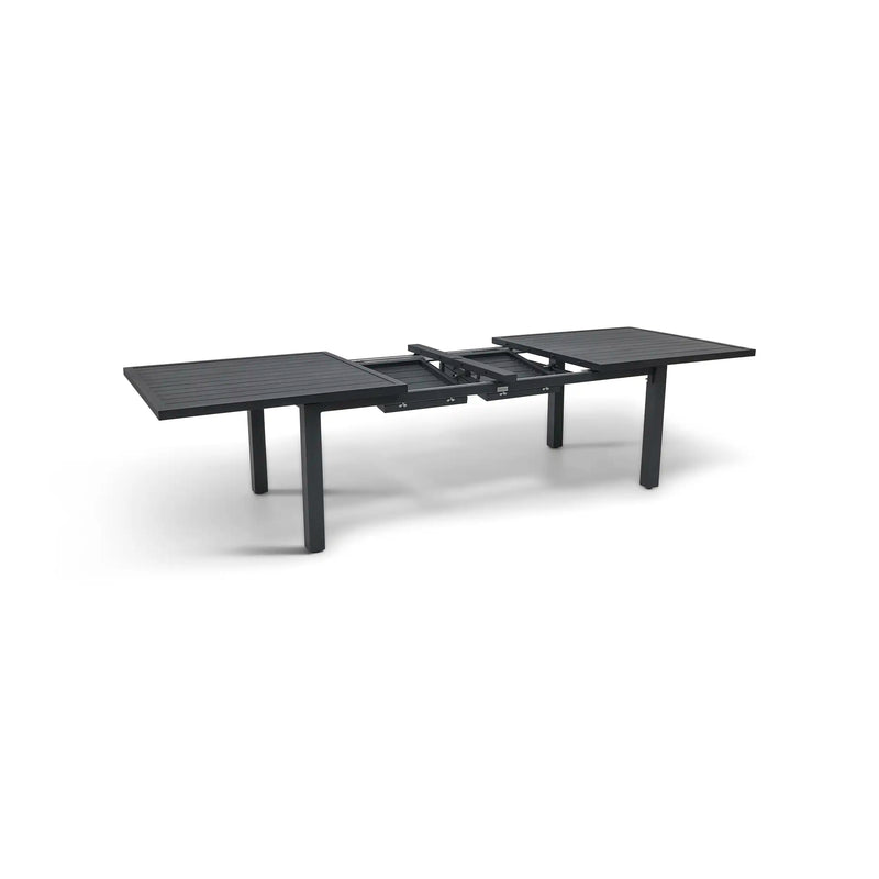 44x90-128 Inch Extension Rectangle Aluminum Slat Black Post Leg Dining Table - The Great Escape