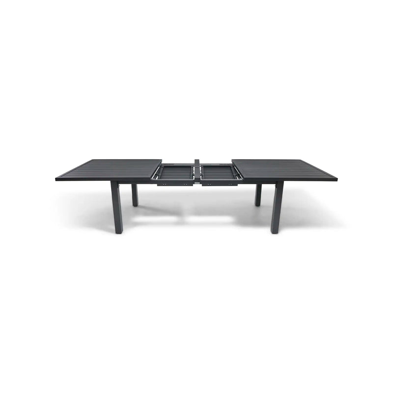 44x90-128 Inch Extension Rectangle Aluminum Slat Black Post Leg Dining Table - The Great Escape