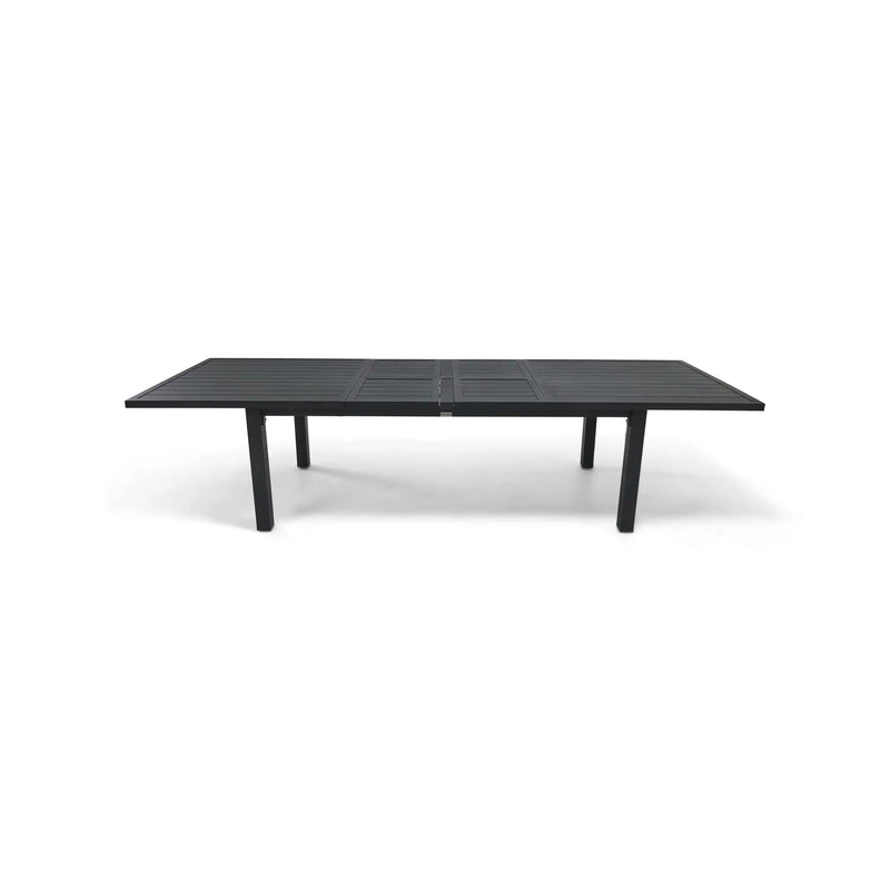 44x90-128 Inch Extension Rectangle Aluminum Slat Black Post Leg Dining Table - The Great Escape