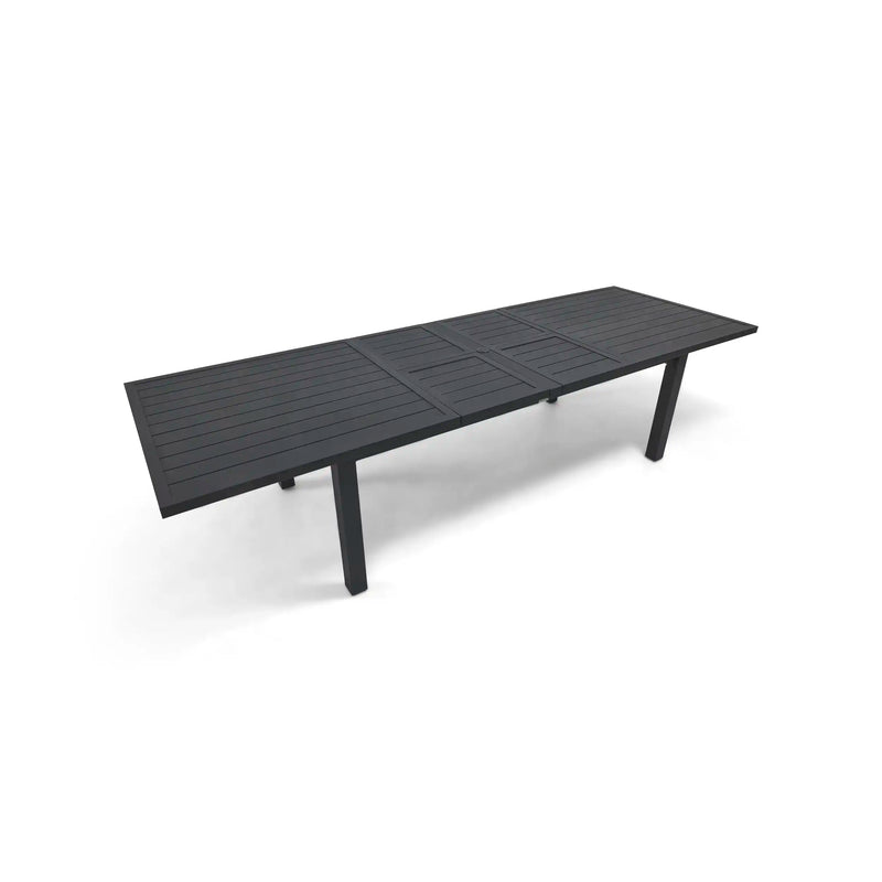 44x90-128 Inch Extension Rectangle Aluminum Slat Black Post Leg Dining Table - The Great Escape