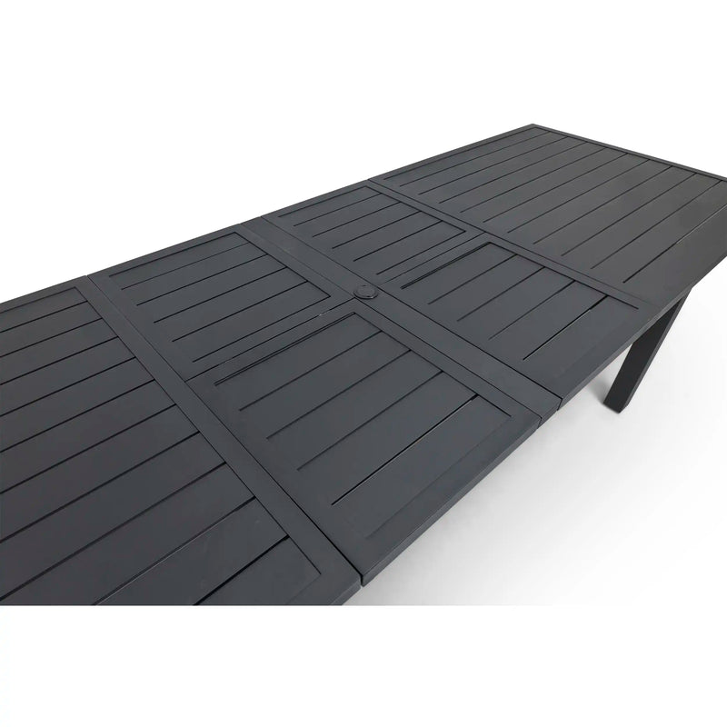 44x90-128 Inch Extension Rectangle Aluminum Slat Black Post Leg Dining Table - The Great Escape