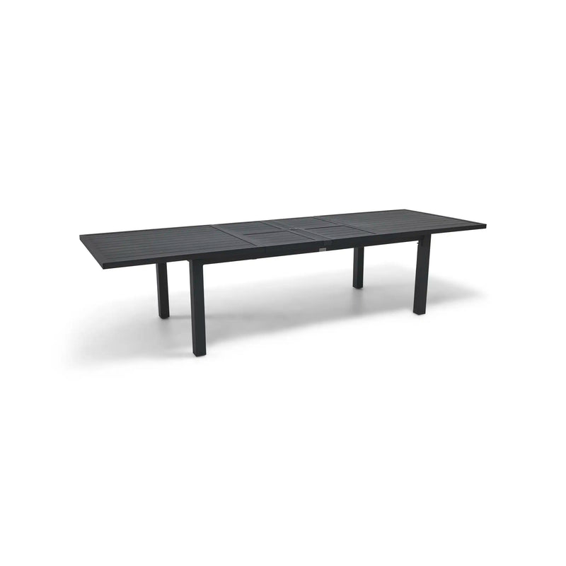 44x90-128 Inch Extension Rectangle Aluminum Slat Black Post Leg Dining Table - The Great Escape
