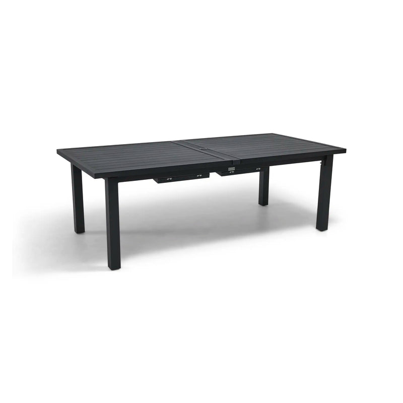 44x90-128 Inch Extension Rectangle Aluminum Slat Black Post Leg Dining Table - The Great Escape