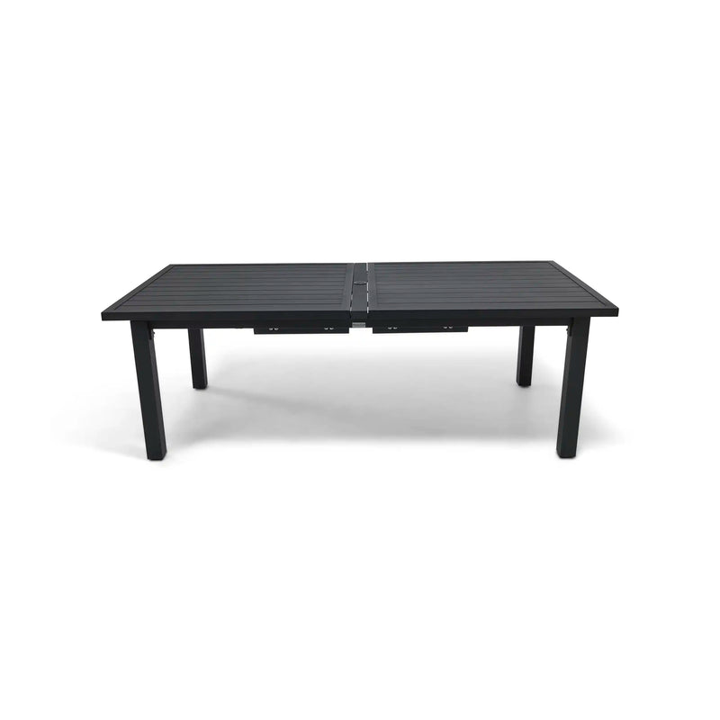 44x90-128 Inch Extension Rectangle Aluminum Slat Black Post Leg Dining Table - The Great Escape