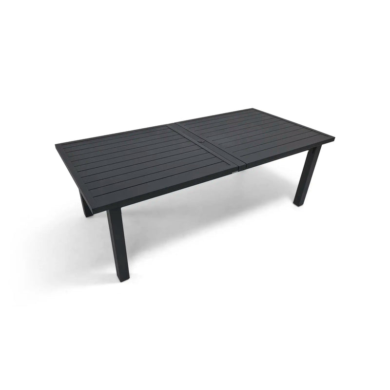44x90-128 Inch Extension Rectangle Aluminum Slat Black Post Leg Dining Table - The Great Escape