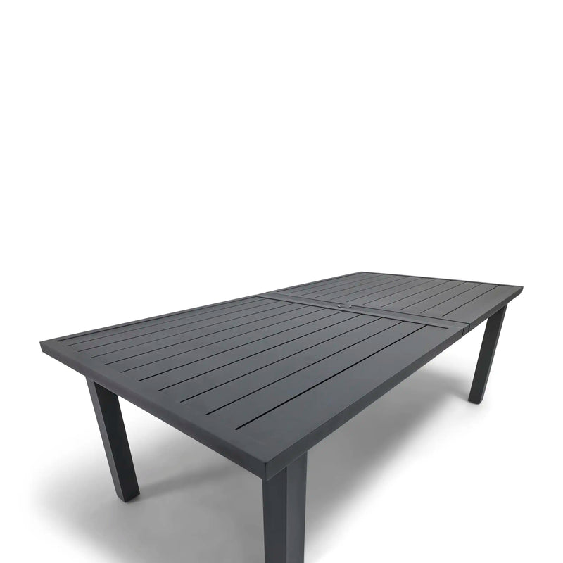 44x90-128 Inch Extension Rectangle Aluminum Slat Black Post Leg Dining Table - The Great Escape