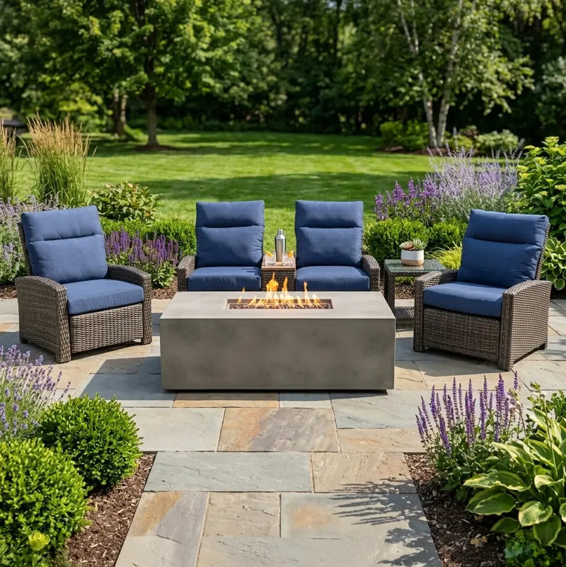 Ellis Reclining 5 Piece Loveseat Firepit/Chat Group Indigo Acrylic - The Great Escape