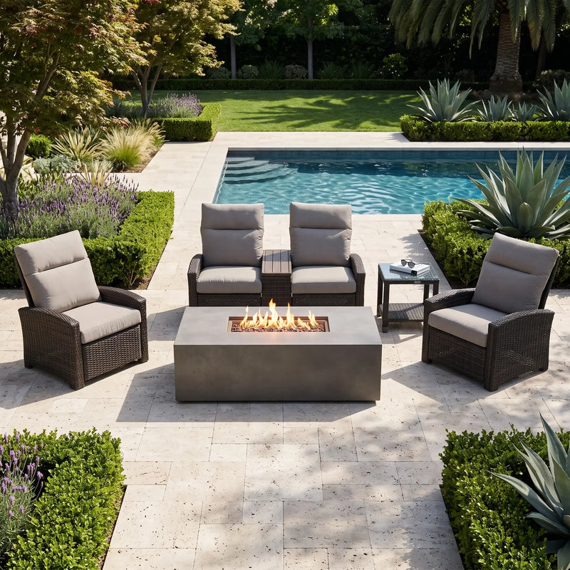 Ellis Reclining 5 Piece Loveseat Firepit/Chat Group Dove Acrylic - The Great Escape