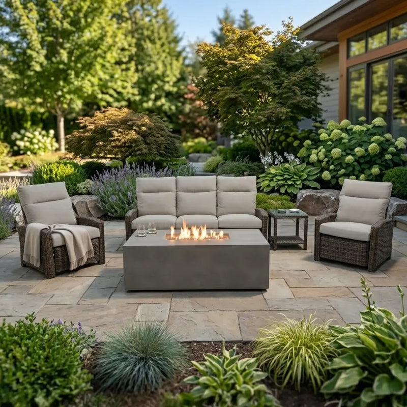 Ellis Reclining 5 Piece Sofa Firepit/Chat Group Dove Acrylic - The Great Escape