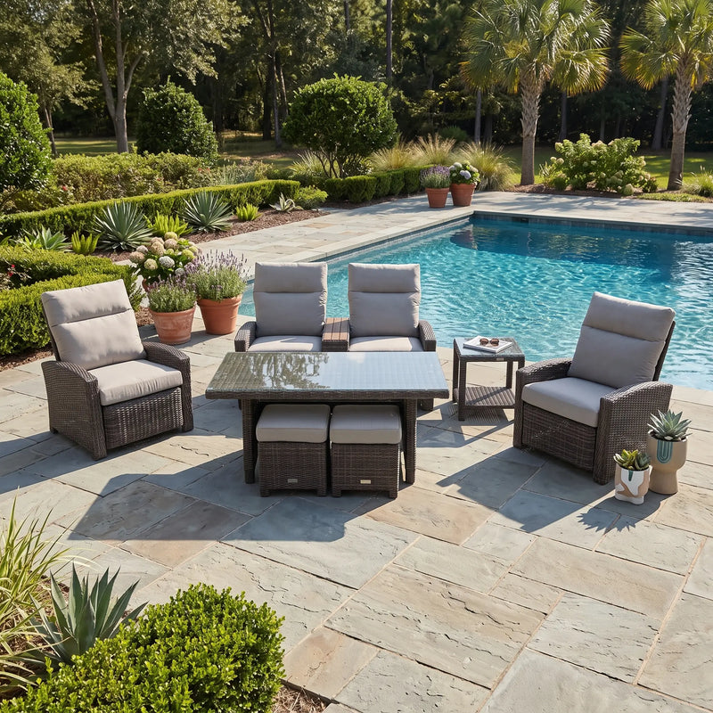 Ellis Reclining 7 Piece Loveseat Conversation Group Dove Acrylic - The Great Escape