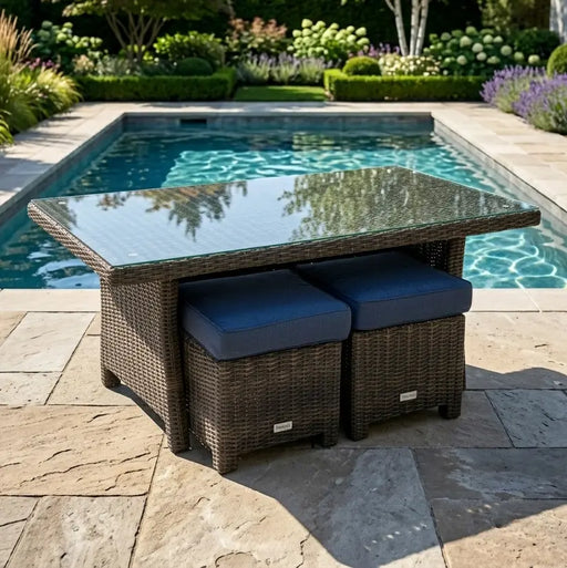 Ellis Indigo Acrylic Conversation Table and 2 Woven Cube Ottomans - The Great Escape
