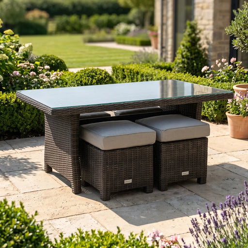 Ellis Dove Acrylic Conversation Table and 2 Woven Cube Ottomans - The Great Escape