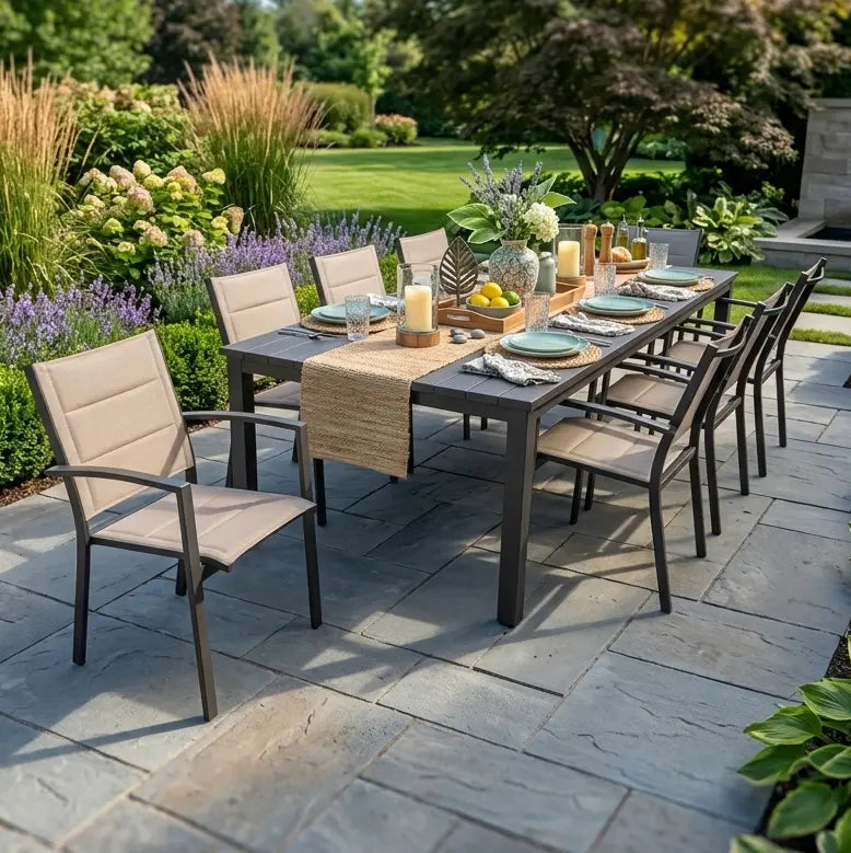 Sutton Sling 9 Piece Dining Group  W/ 44"x100" Rect. Table - The Great Escape