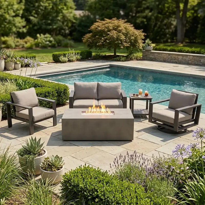 Sutton Grey 5 Piece Loveseat Firepit Chat Group Dove - The Great Escape