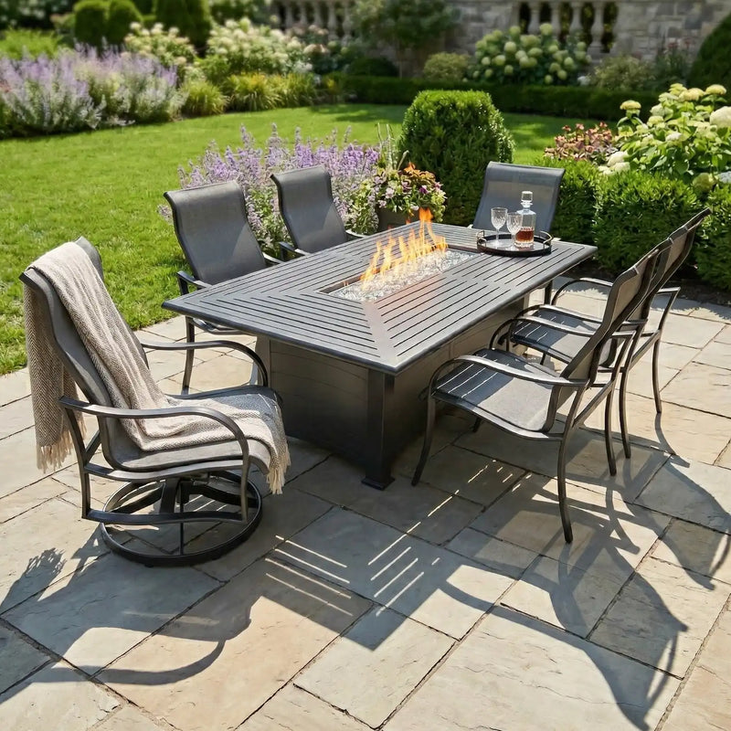 Coastline 7 Piece Black Firepit Dining Group - The Great Escape