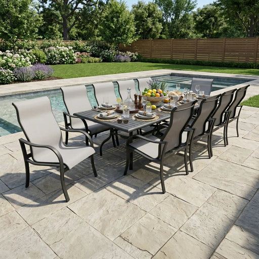 Coastline 11 Piece Graphite Dining Group W/ 44"x112" Rect. Table - The Great Escape