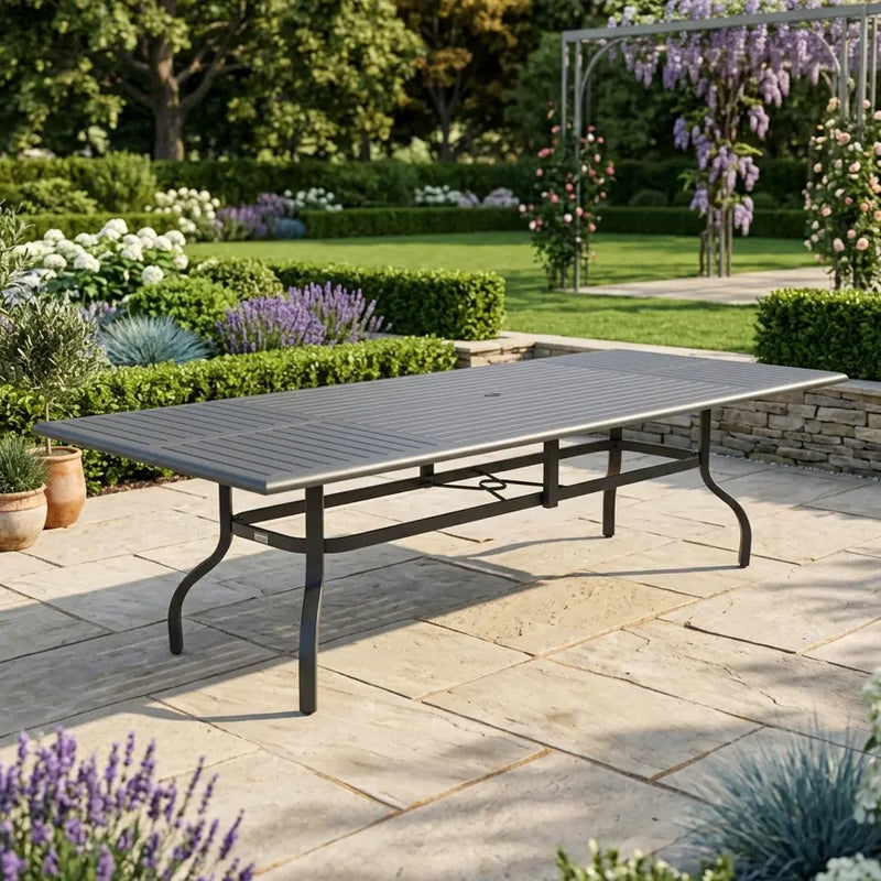 44x112 Inch Rectangle Graphite Farnham Slat Dining Table - The Great Escape