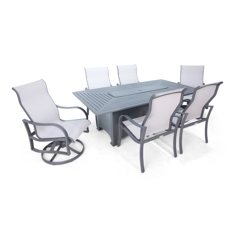 Coastline 7 Piece Graphite Firepit Dining Group With 2 Swivel Rockers - The Great Escape