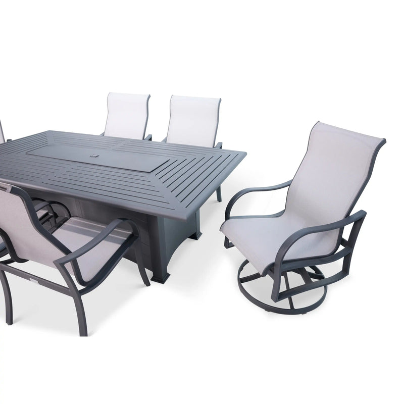 Coastline 7 Piece Graphite Firepit Dining Group With 2 Swivel Rockers - The Great Escape