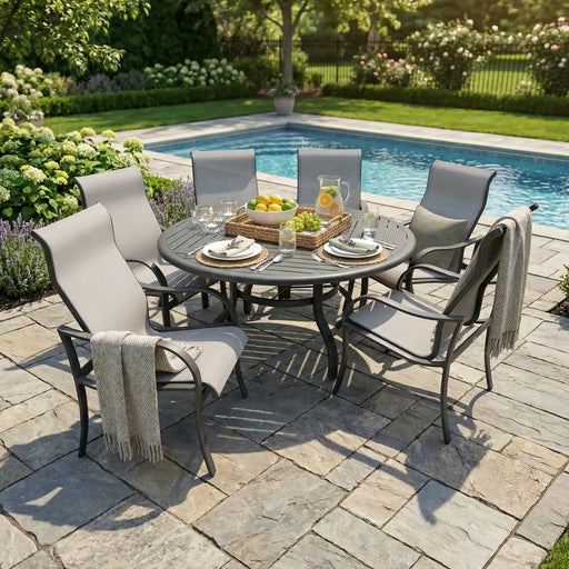 Coastline 7 Piece Graphite Round Dining Group - The Great Escape