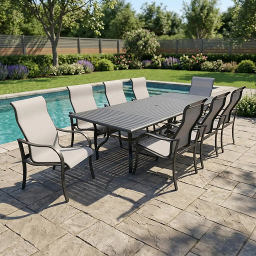 Coastline 9 Piece Graphite Dining Group W/ 44"x112" Rect. Table - The Great Escape