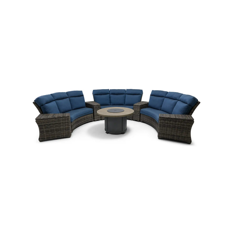 Grey Kampala 8 Piece Lifeguard Lapis Indigo Curved Sectional Firepit Group - The Great Escape