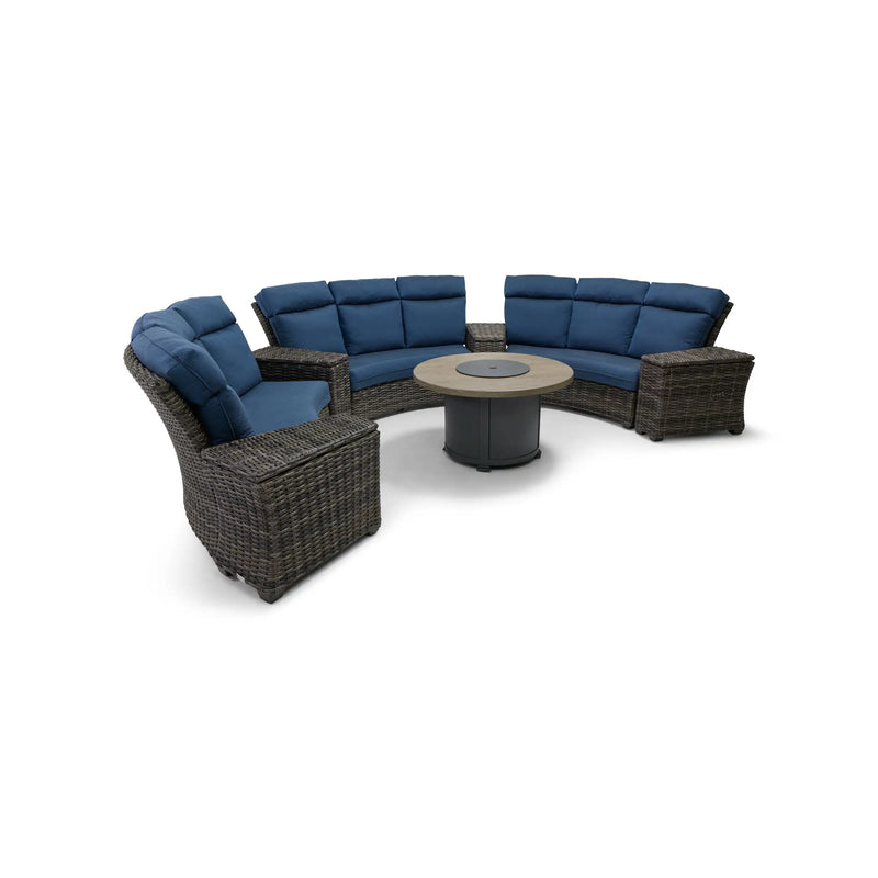 Grey Kampala 8 Piece Lifeguard Lapis Indigo Curved Sectional Firepit Group - The Great Escape