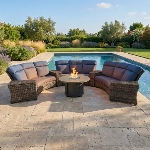 Grey Kampala 8 Piece Lifeguard Lapis Indigo Curved Sectional Firepit Group - The Great Escape