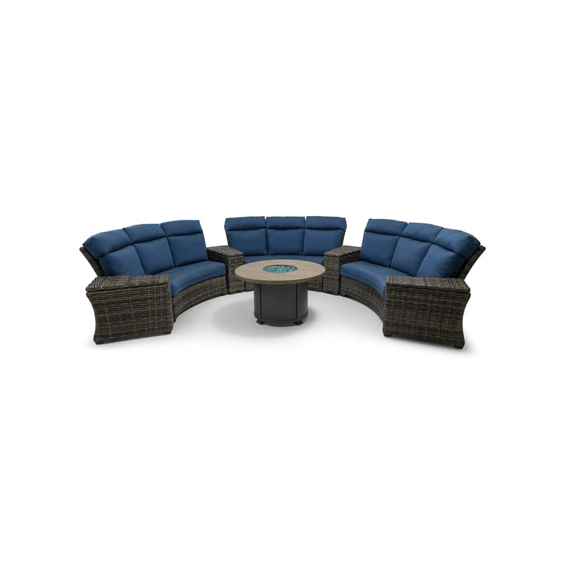 Grey Kampala 8 Piece Lifeguard Lapis Indigo Curved Sectional Firepit Group - The Great Escape