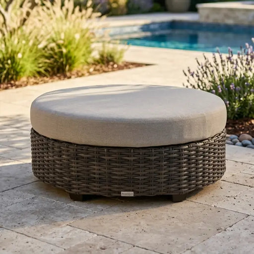 Grey Kampala 42" Round Cushioned Ottoman - Makar Oyster - The Great Escape