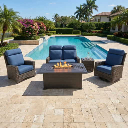Grey Kampala 5 Piece Lifeguard Lapis Indigo Loveseat Firepit Chat Group - The Great Escape