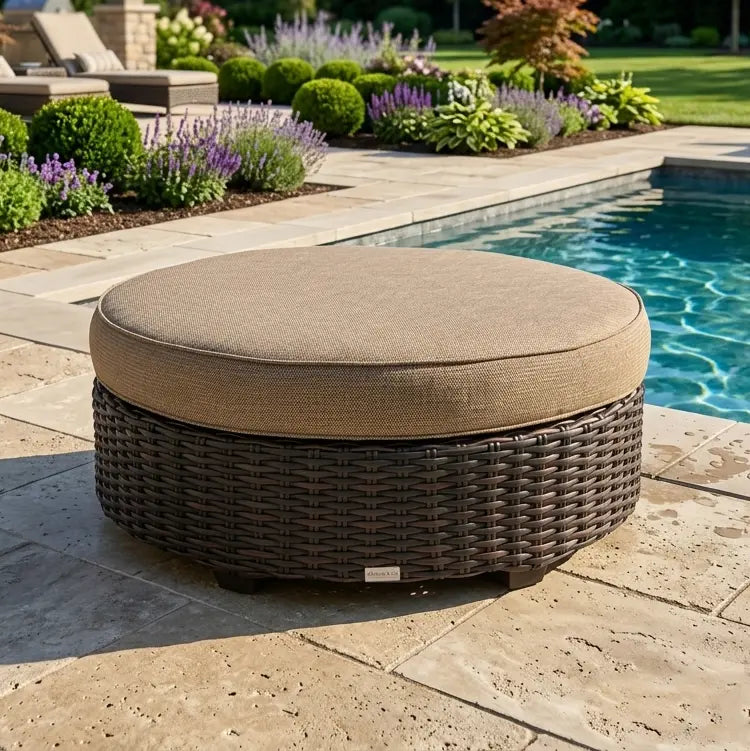 Kampala 42" Round Cushioned Ottoman - Lifeguard Ostrich - The Great Escape