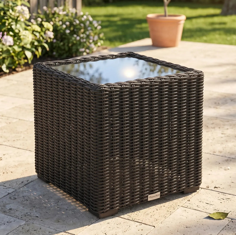 Rosario 21" Square Woven End Table W/ Glass Bayside Black - The Great Escape