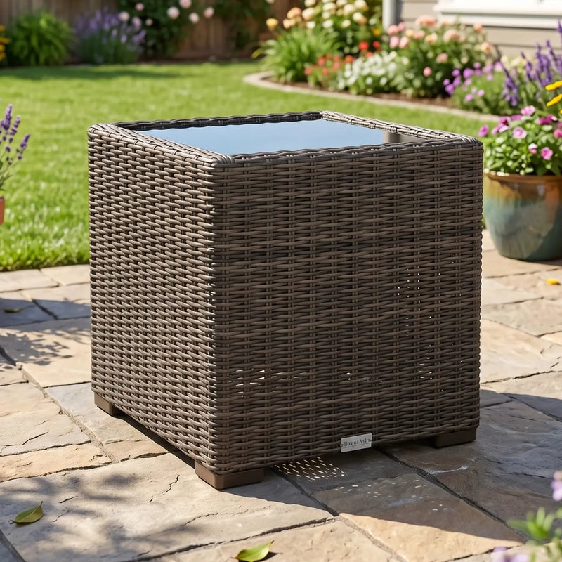 Rosario 21 Inch Square Woven End Table with Glass - The Great Escape