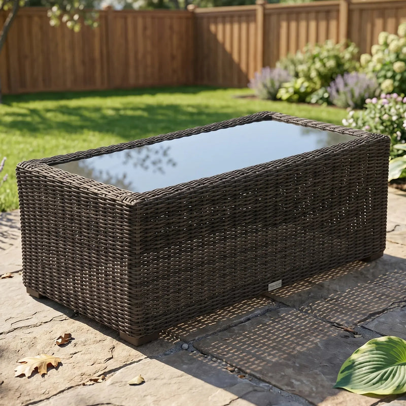 Rosario 24"x45" Rectangle Woven Coffee Table W/ Glass Bayside Black - The Great Escape