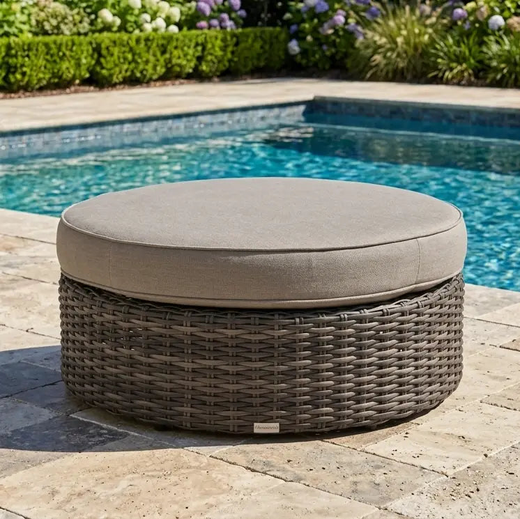St. Kitts Grey 42" Round Cushioned Ottoman - Makar Oyster - The Great Escape