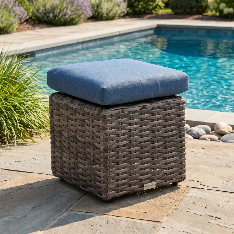 St. Kitts Grey Cushioned Cube Ottoman - Lifeguard Lapis Indigo - The Great Escape