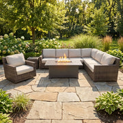 St. Kitts Grey Woven 9 Piece Sectional Firepit Group - The Great Escape
