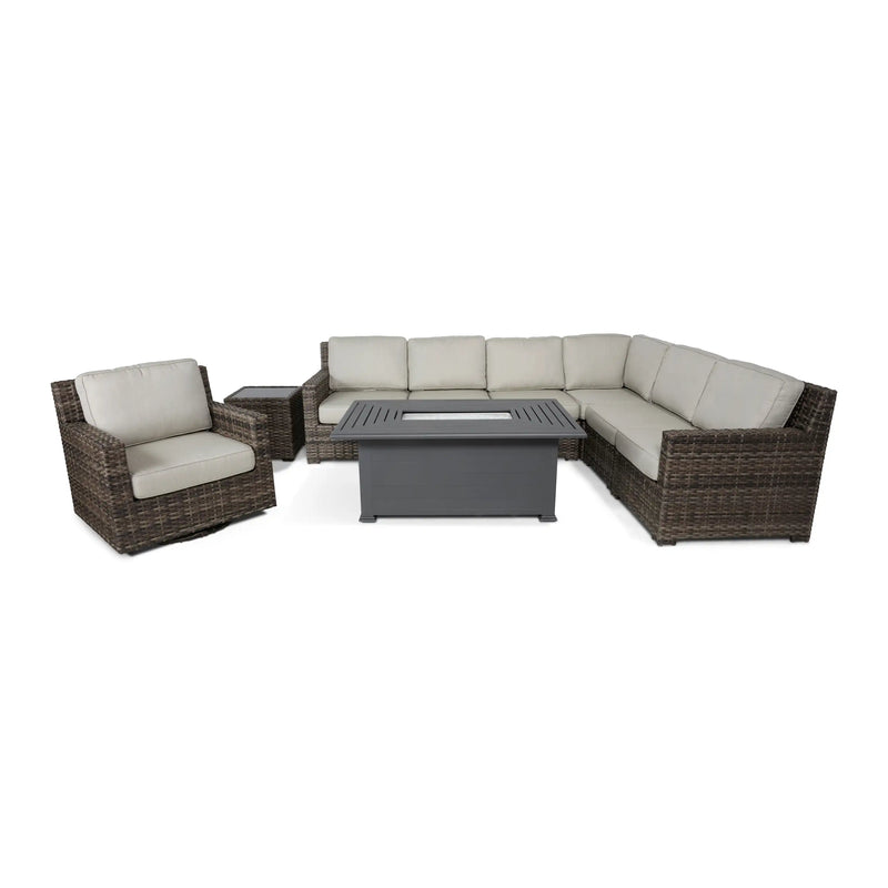 St. Kitts Grey Woven 9 Piece Sectional Firepit Group - The Great Escape