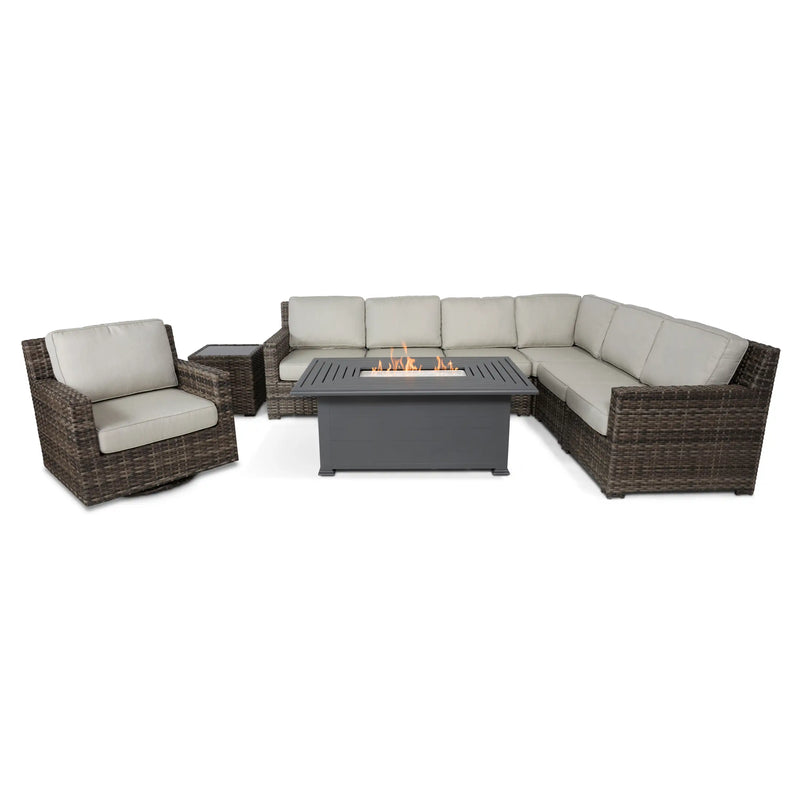 St. Kitts Grey Woven 9 Piece Sectional Firepit Group - The Great Escape